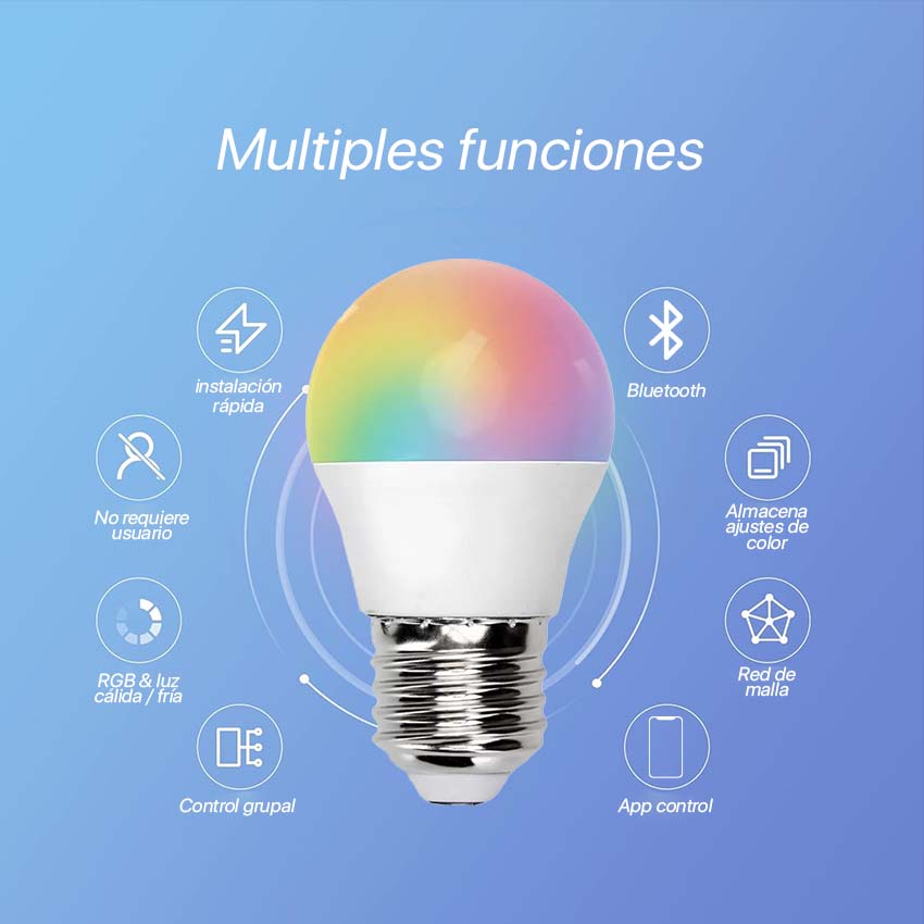 ilumina tu espacio con la bombilla Bluetooth MESH G45 E27 de 6,5W RGB+CCT. Disfruta de colores vibrantes y temperaturas regulables desde tu smartphone para crear el ambiente perfecto.