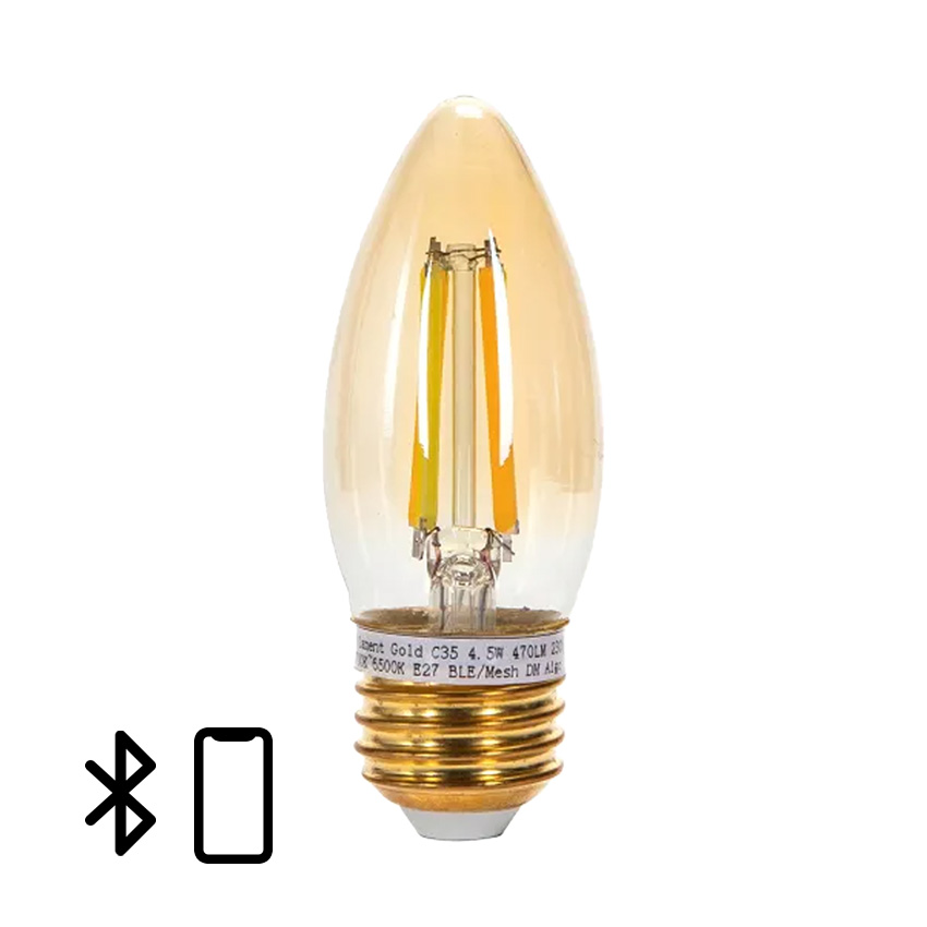 bombilla Smart C35 4.5W con filamento Bluetooth Mesh y temperatura de color ajustable. Perfecta para iluminar con estilo y tecnología avanzada, ideal para cualquier espacio.