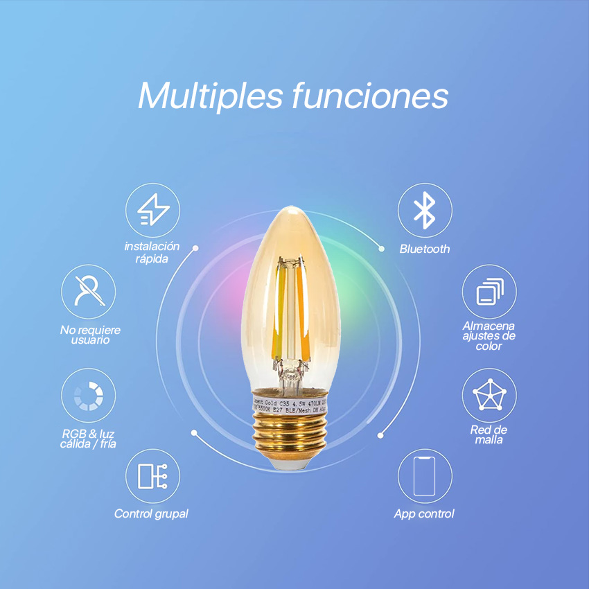 bombilla Smart C35 4.5W con filamento Bluetooth Mesh y temperatura de color ajustable. Perfecta para iluminar con estilo y tecnología avanzada, ideal para cualquier espacio.