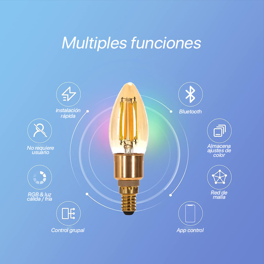 bombilla inteligente G45 de filamento Bluetooth Mesh de 4.5W CCT: ilumina tu espacio con estilo y controla la luz desde tu dispositivo. Conéctala fácilmente y disfruta de su versatilidad.