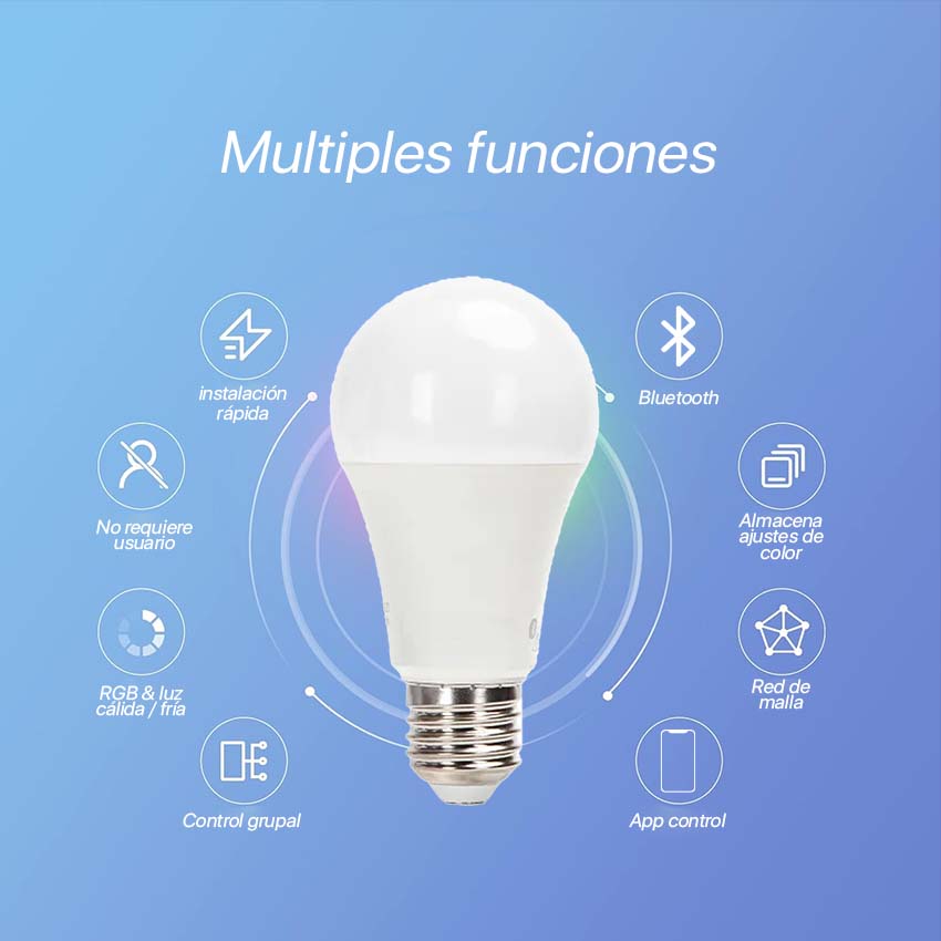 pack de 2 bombillas Bluetooth Mesh A60 E27 de 12W, con RGB y CCT. Ilumina tu espacio personalizándolo a tu estilo con colores vibrantes y luz blanca ajustable.