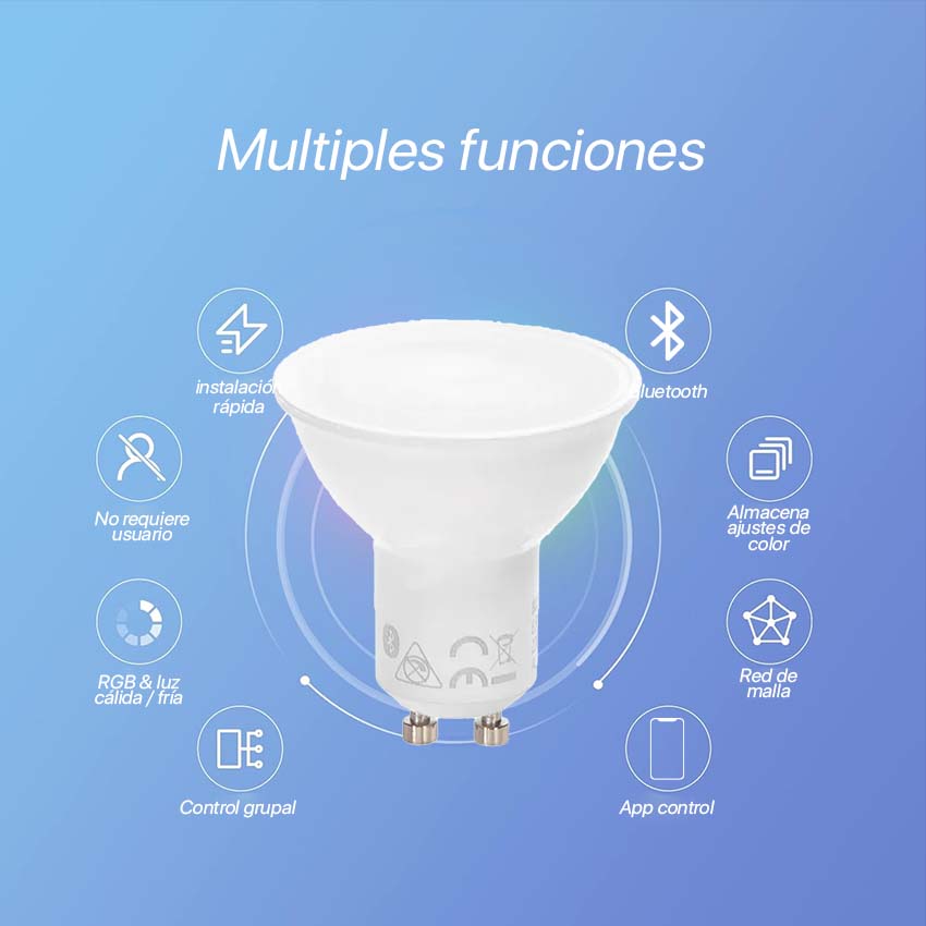 juego de 2 focos inteligentes GU10 con tecnología Bluetooth MESH. Cambia entre distintas temperaturas de color (CCT) para crear el ambiente perfecto en tu hogar.