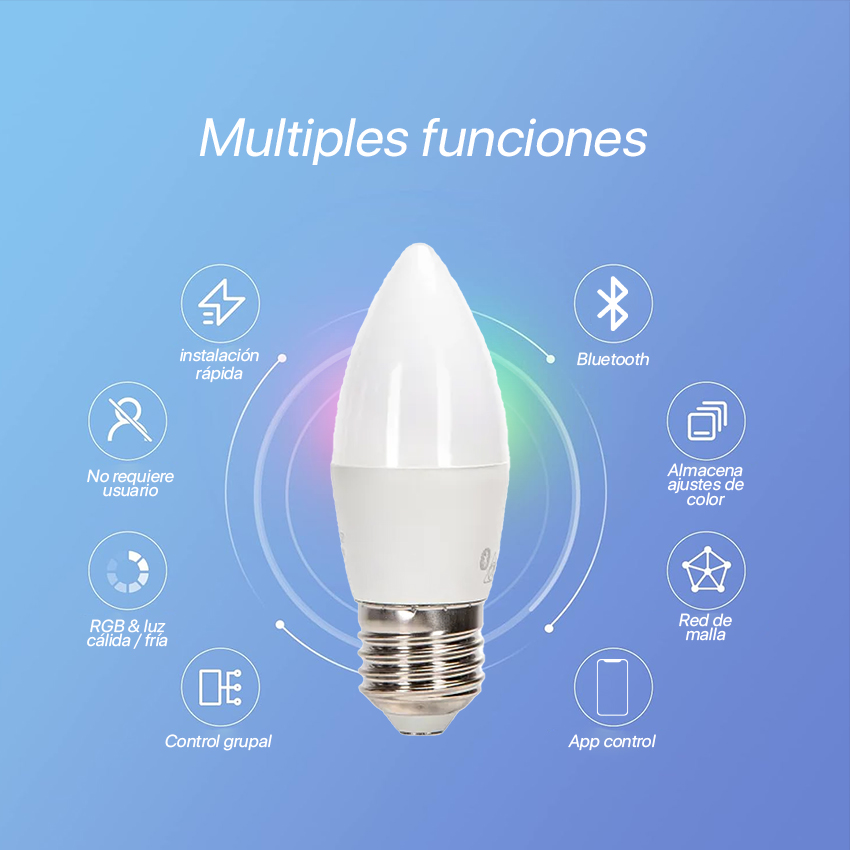 bluetooth MESH C37 E27 6.5W RGB+CCT - Set de 2 piezas. Disfruta de iluminación inteligente con colores vibrantes y temperaturas ajustables para crear el ambiente perfecto.