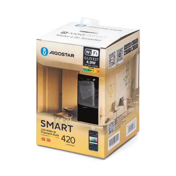 bombilla wifi g125 e27 4,9 w rgbw - iluminación inteligente ajustable para ambientes y decoración.