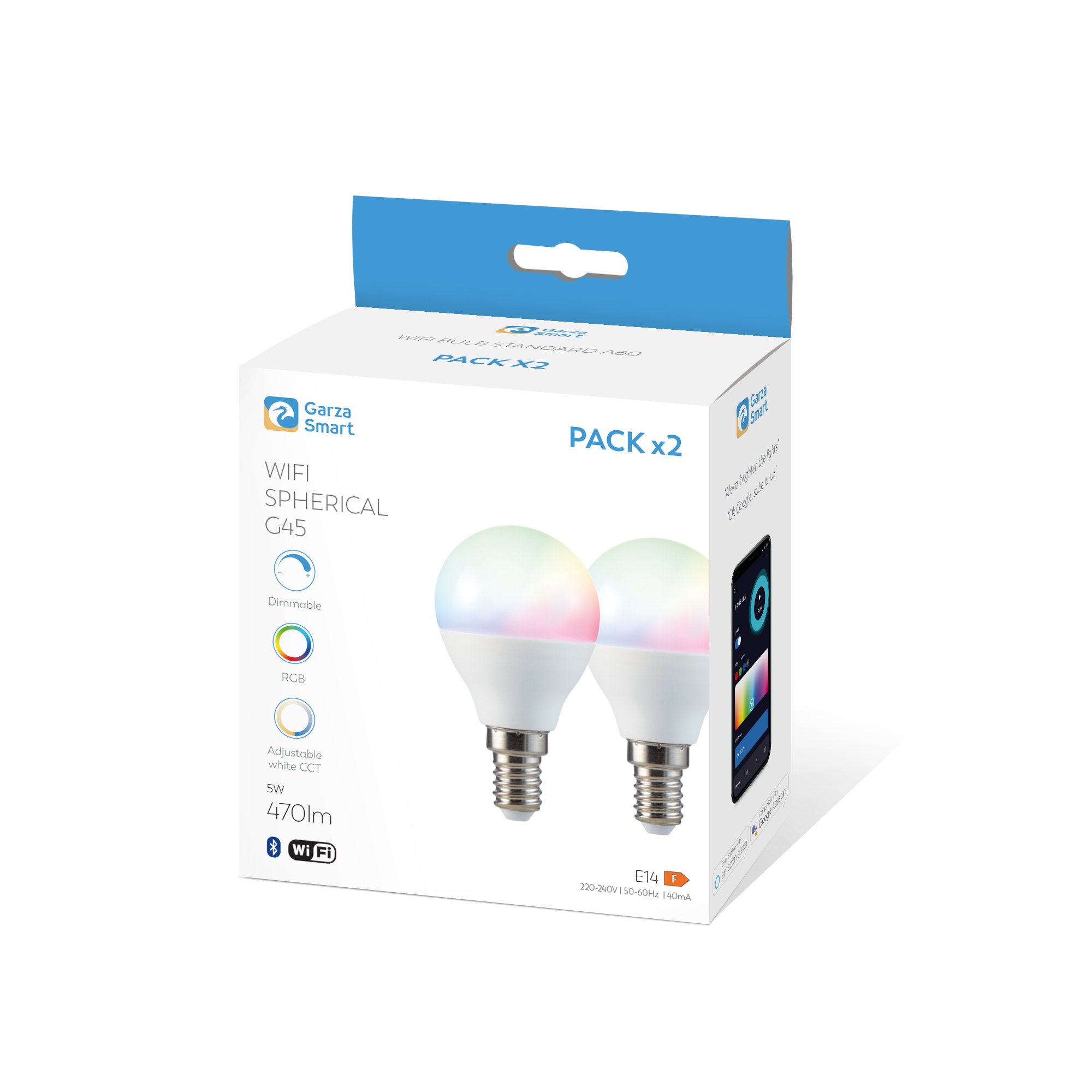 bombilla inteligente wifi e14 5w 470lm rgb+cct con dimmer, pack de 2, ideal para personalizar la iluminación en el hogar.