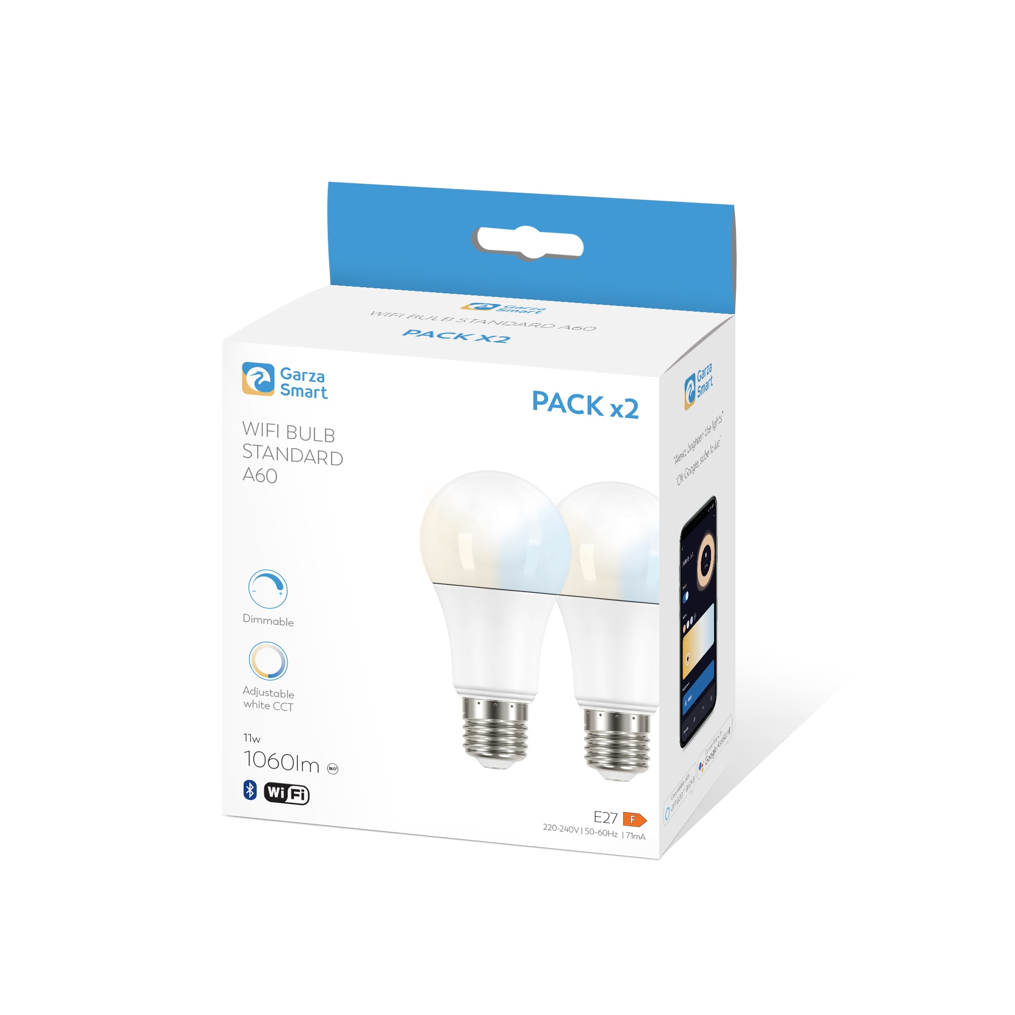 pack de 2 bombillas estándar led de conexión wi-fi, e27, 11w, regulables, ideales para iluminación inteligente y control remoto.